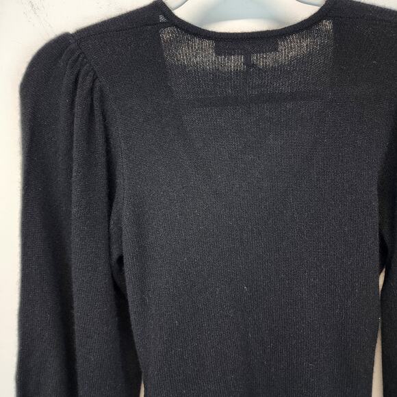 Frame Cashmere Sweater Size M Black Cropped Bell Sleeve Shirred V-neck Luxe Chic - Picture 8 of 14